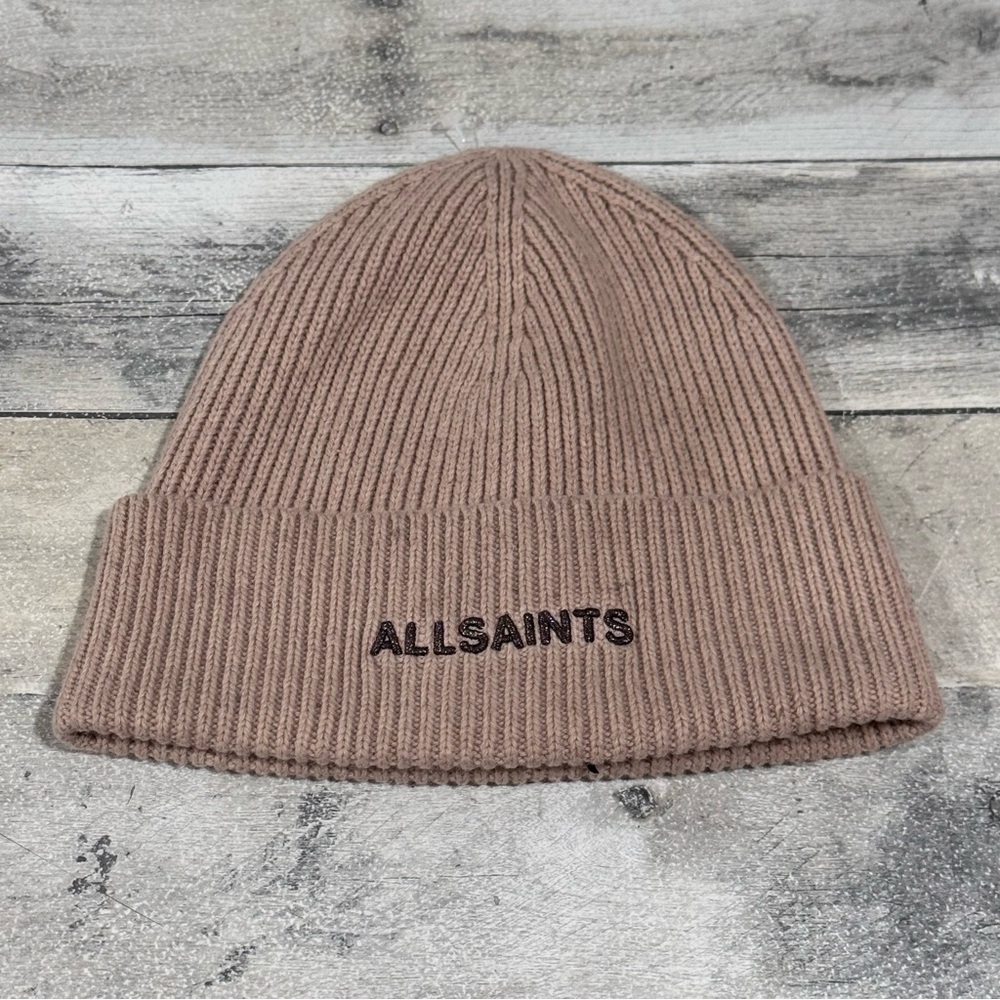 AllSaints Womens Ribbed Underground Beanie Hat in Blush One Size